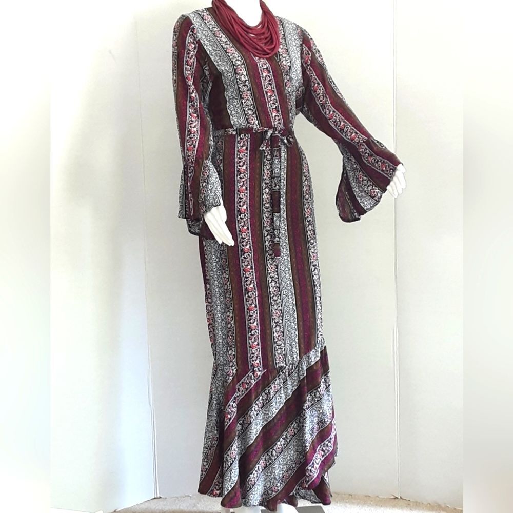PLUS SZ 16/18   R. VIVIMOS Boho Floral Stripe Maxi Wrap Long Bell Sleeve Dress